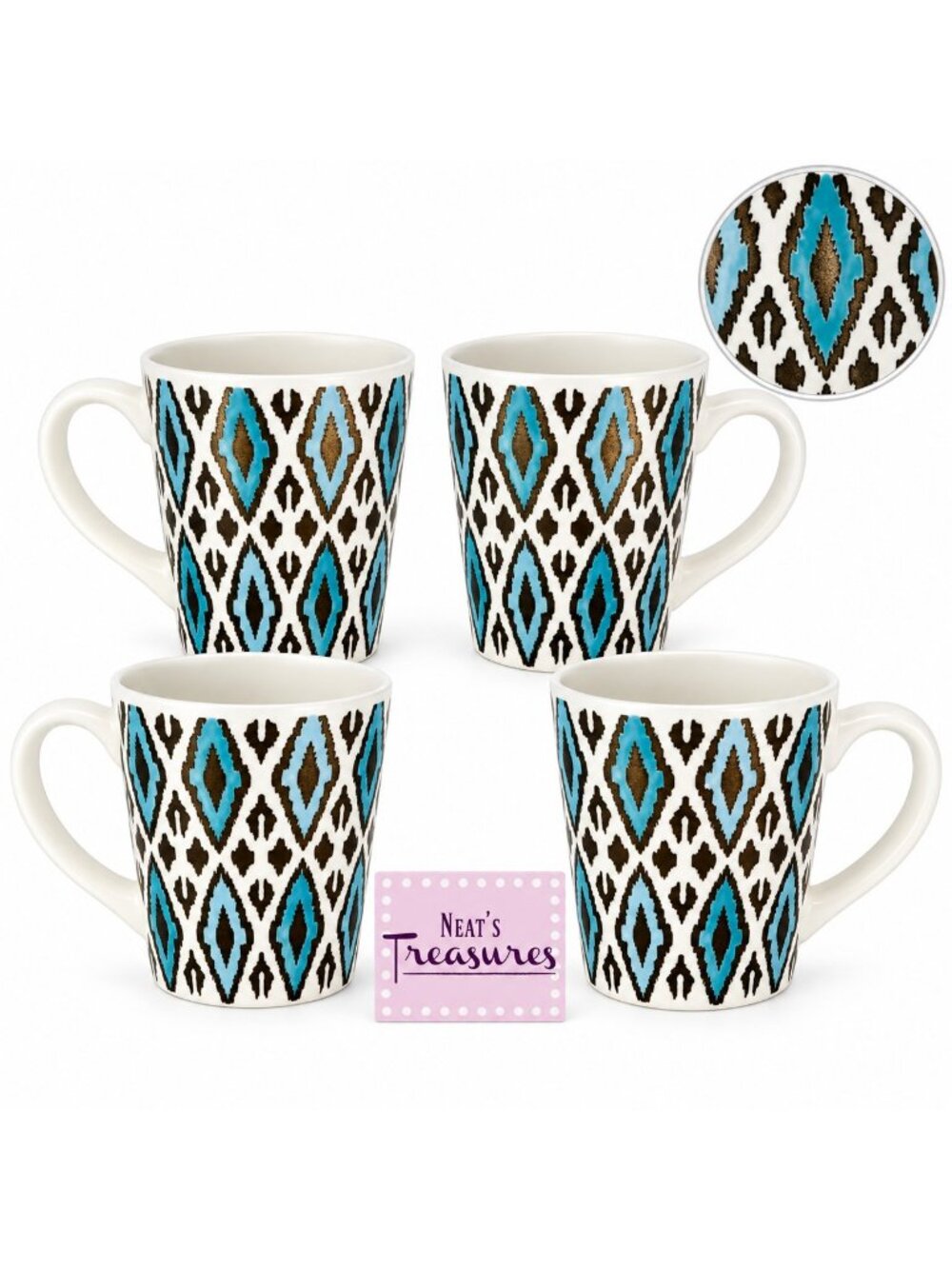 American Atelier OGEE PARAGON Blue Gold Geometric Stoneware 14oz Cup Mug Set 4